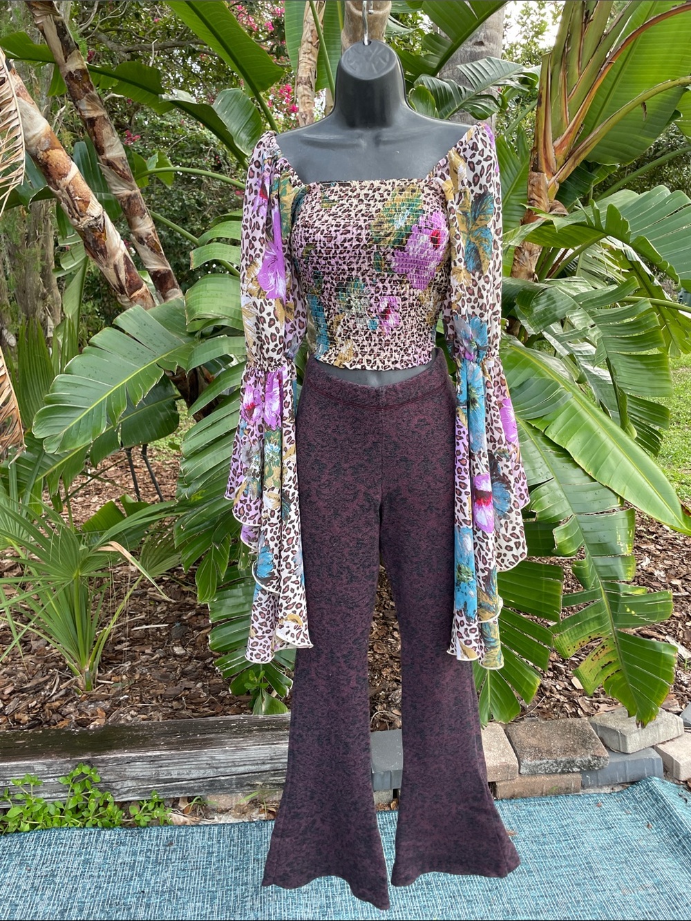 Leopard print and floral wide bell sleeve crop top